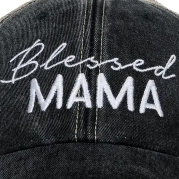 Script Blessed Mama Embroidered Black Distressed Trucker Hat - Picture 3 of 3
